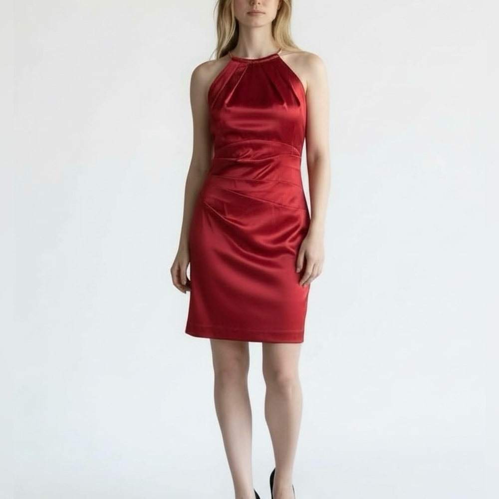 Eliza J Red Satin Ruched Cocktail Dress 8 Formal Knee Length Halter Evening Wear